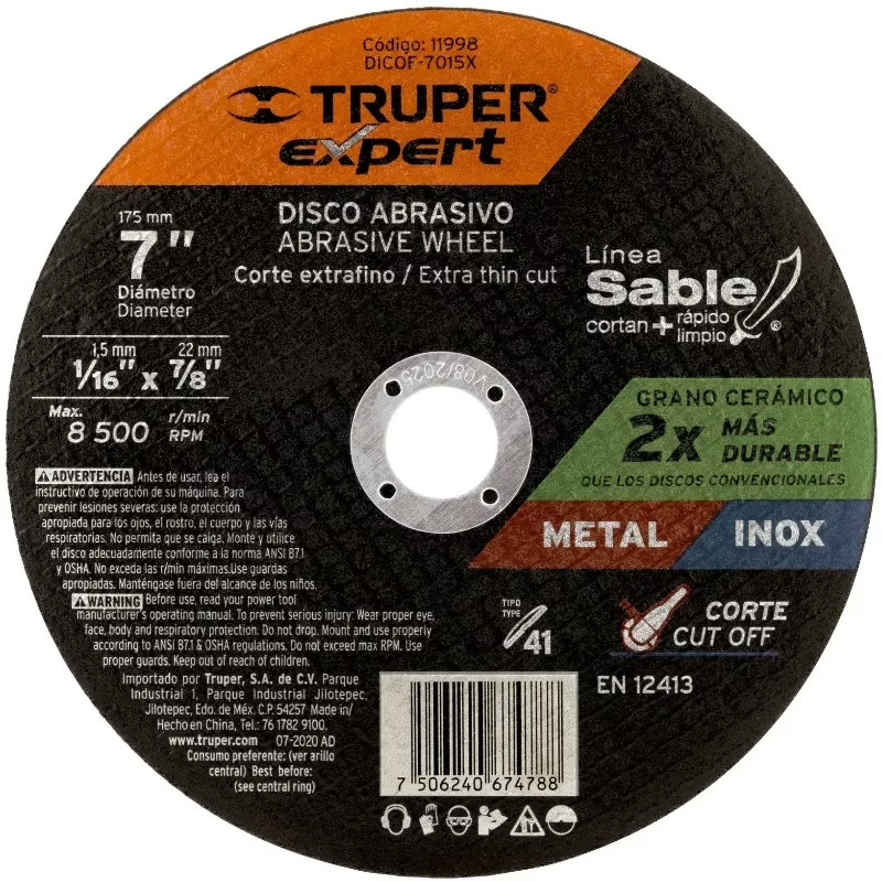 Discos de Corte Metal 7" x1.5mm OAluminio Inox D7/8 T41, Truper 11998
