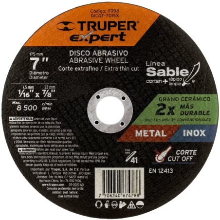 Discos de Corte Metal 7" x1.5mm OAluminio Inox D7/8 T41, Truper 11998