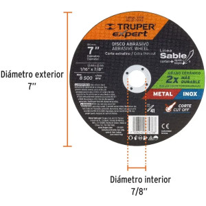 Discos de Corte Metal 7" x1.5mm OAluminio Inox D7/8 T41, Truper 11998