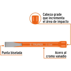 Cincel Plano 6" Cuña 1/2", Acero al cromo Vanadio, Cabeza grande, C-1/2X6 12115 Truper