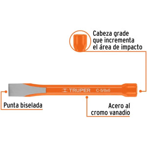 Cincel Plano 6" Cuña 5/8", Acero al cromo Vanadio, Cabeza grande, C-5/8X6 12127 Truper