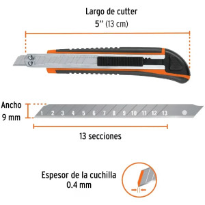 Cutter 5" 9mm Profesional con AlmaMetalica y Grip 3NavajaSK4, Truper CUT-5X 16971
