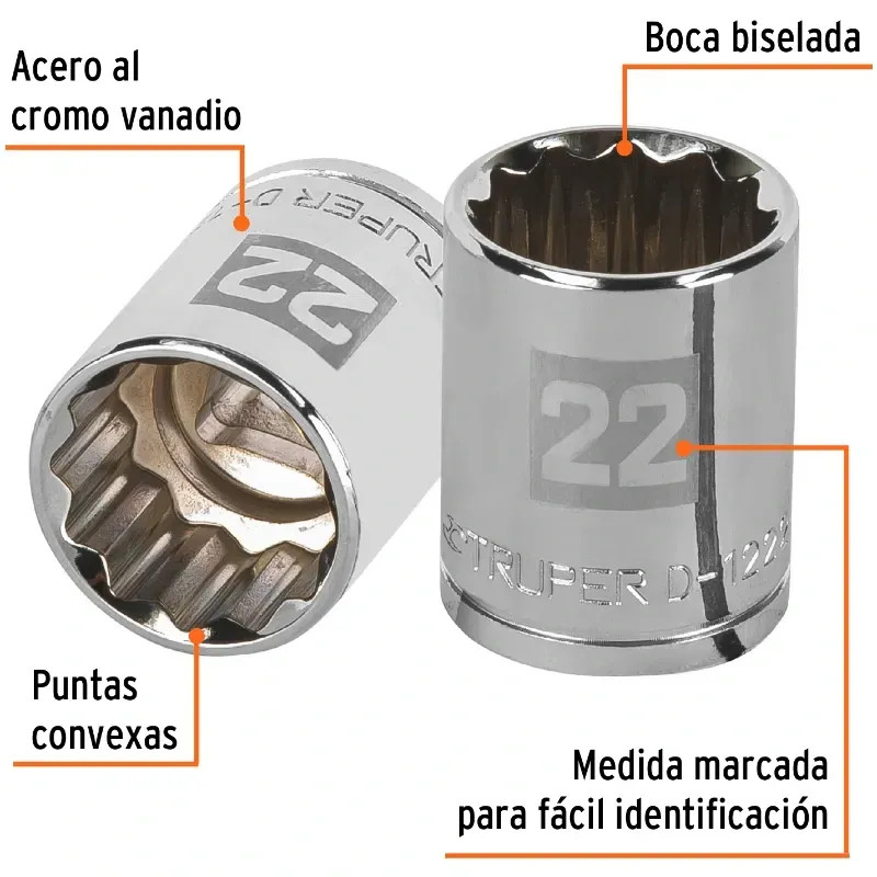 Dados 22mm E1/2 Poligonales CrVanadio, Truper 13536