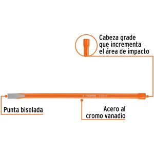 Cincel Plano 10" Cuña 3/8", Acero al cromo Vanadio, Cabeza grande, C-3/8X10 12112 Truper