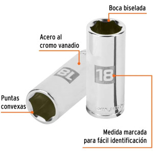 Dados 18mm E3/8 Tubulares Hexagonales CrVanadio, Truper 13778