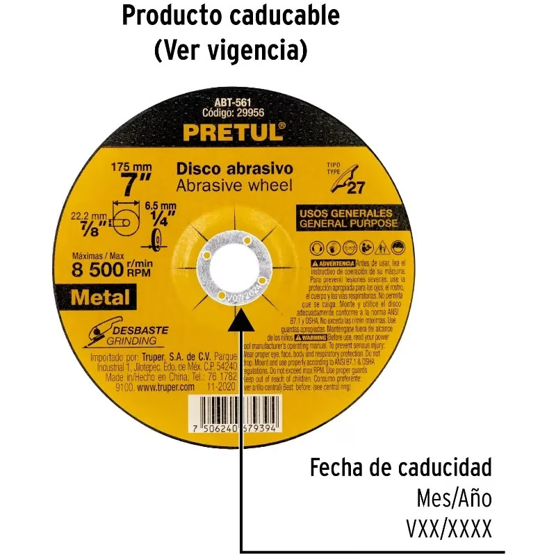 Discos de Desbaste Metal 7" x6.2mm Oaluminio, Pretul 29956