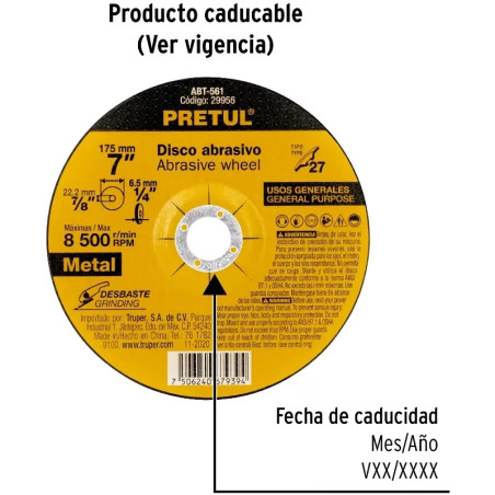 Discos de Desbaste Metal 7" x6.2mm Oaluminio, Pretul 29956