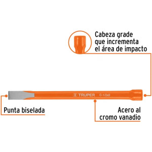 Cincel Plano 8" Cuña 1/2", Acero al cromo Vanadio, Cabeza grande, C-1/2X8 12118 Truper