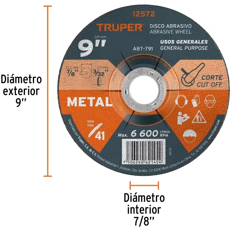 Discos Corte Metal 9" x2.3mm T41 Oxido de Aluminio, ABT-791 12572 Truper