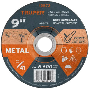 Discos Corte Metal 9" x2.3mm T41 Oxido de Aluminio, ABT-791 12572 Truper