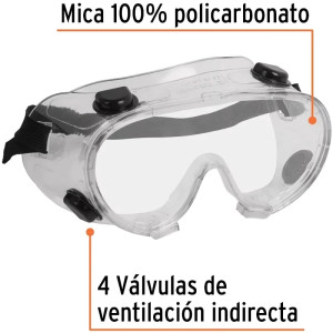 Goggles de Seguridad, 100% Policarbonato con UV Antirayadura, 4 Valvulas de Ventilacion, GOT 14220 Truper