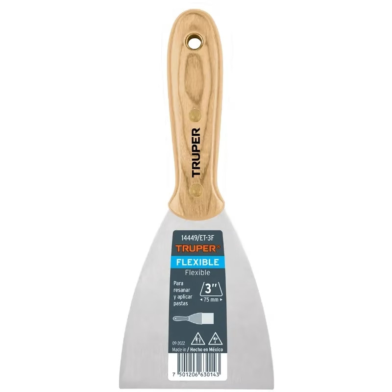 Espatula Flexible 3" Mango de Madera, acero alto carbono, Hoja Desbastada y Templada, ET-3F 14449 Truper