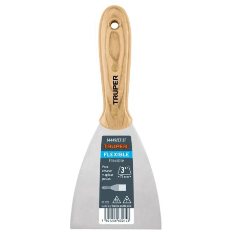 Espatula Flexible 3" Mango de Madera, acero alto carbono, Hoja Desbastada y Templada, ET-3F 14449 Truper