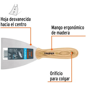 Espatula Flexible 3" Mango de Madera, acero alto carbono, Hoja Desbastada y Templada, ET-3F 14449 Truper
