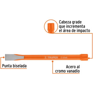 Cincel Plano 8" Cuña 5/8", Acero al cromo Vanadio, Cabeza grande, C-5/8X8 12130 Truper
