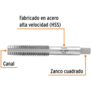 Machos 1/4" x28, 1Pieza, 3Canales Cuerda Fina, Acero de Alta Velocidad, MT-1/4X28 11406 Truper