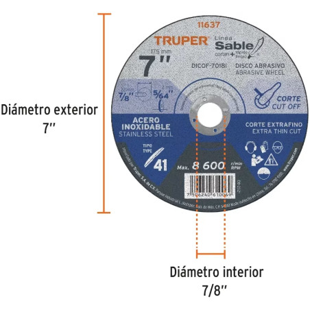 Discos Corte Metal 7" x1.8mm Inox T41 Oxido Aluminio, ABT-877 11637 Truper