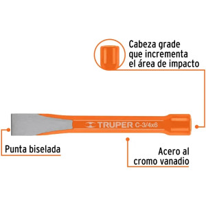Cincel Plano 6" Cuña 3/4", Acero al cromo Vanadio, Cabeza grande, C-3/4X6 12139 Truper