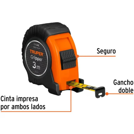 Wincha Flexometro Griper 3M con TPR, cinta medicion ambos lados, carcasa ABS, FH-3ME 15387 Truper