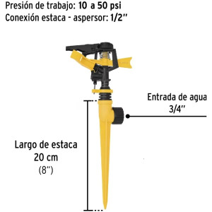 Aspersor Plastico Una Via, Estaca 17cm, Alcance 8m, Area 360, 50 PSI, Pretul 20055