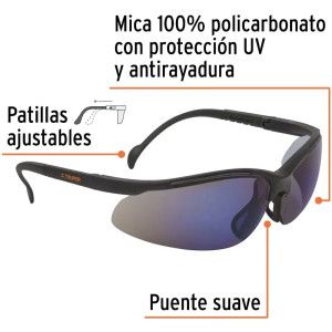 Lentes de Seguridad Vision Espejo Azul, 100% Policarbonato con UV Antirayadura, LEDE-EZ 10826 Truper