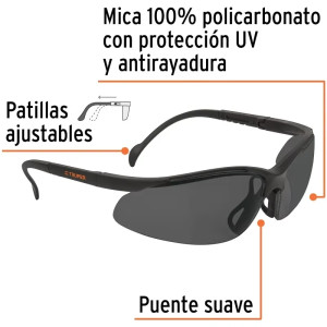 Lentes de Seguridad Vision Gris, 100% Policarbonato con UV Antirayadura, LEDE-SN 14302 Truper