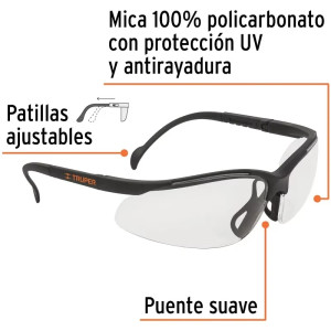 Lentes de Seguridad Vision Transparente, 100% Policarbonato con UV Antirayadura, LEDE-ST 14301 Truper