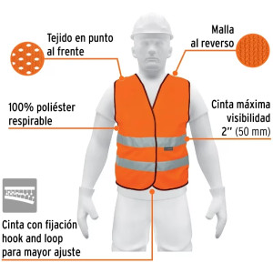 Chaleco de Seguridad Unitalla Naranja Cintas 2" con cierre Alta Visibilidad, CHS-500N 14426 Truper