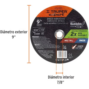 Discos de Corte Metal 9" x2mm OAluminio Inox D7/8 T41, Truper 11999