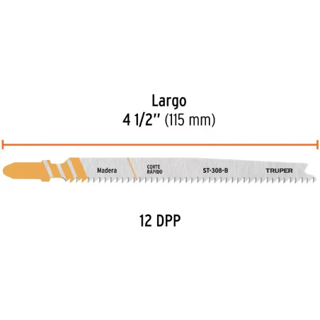 Seguetas T 12DPP x115mm HCS CortesLimpio Madera 5Piezas Caladoras Truper 103044