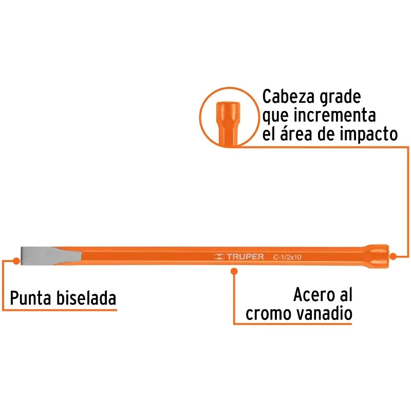 Cincel Plano 10" Cuña 1/2", Acero al cromo Vanadio, Cabeza grande, C-1/2X10 12121 Truper