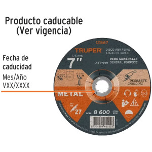 Discos Desbaste 7" x6.4mm Metal Tipo 27, Centro 7/8", Oxido de Aluminio, ABT-999 12567 Truper