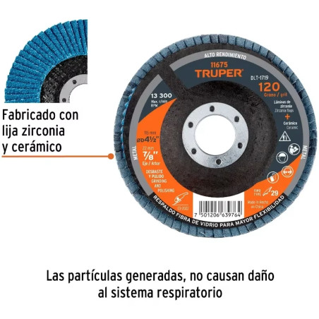 Discos Flap Discs Laminado 4 1/2" G120 Lija de Zirconia, DLT-1719 11675 Truper