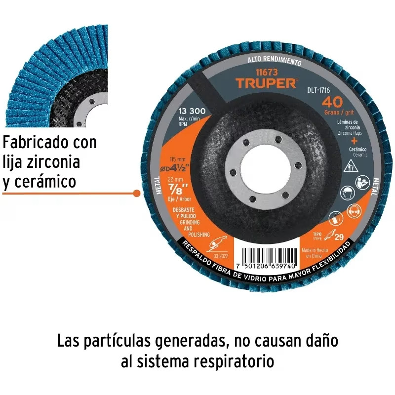 Discos Flap Discs Laminado 4 1/2" G40 Lija de Zirconia, DLT-1716 11673 Truper