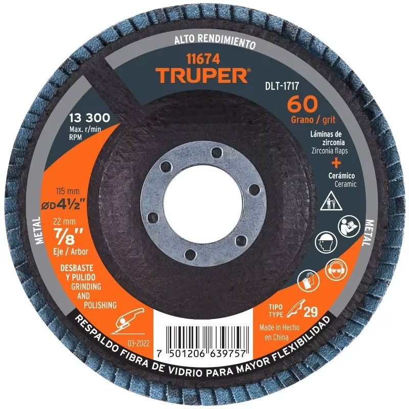 Discos Flap Discs Laminado 4 1/2" G60 Lija de Zirconia, DLT-1717 11674 Truper