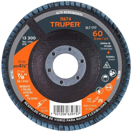 Discos Flap Discs Laminado 4 1/2" G60 Lija de Zirconia, DLT-1717 11674 Truper