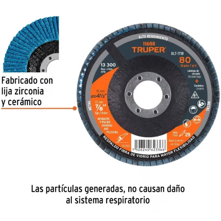 Discos Flap Discs Laminado 4 1/2" G80 Lija de Zirconia, DLT-1718 11688 Truper