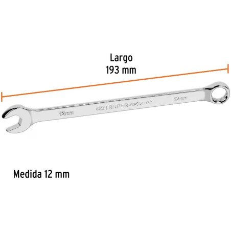 Llave Boca Mixta 12mm Combinada CrVanadio ELarga Truper 15616