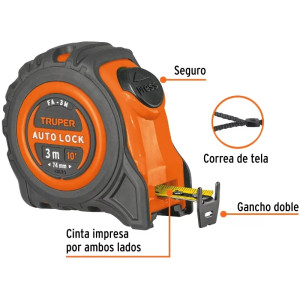 Wincha Flexometro Auto-Lock 3M con TPR, cinta medicion ambos lados, carcasa ABS, FA-3M 10746 Truper