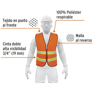 Chaleco de Seguridad Unitalla Naranja Cintas Dobles 3/4" con cierre Alta Visibilidad, CHS-600N 13473 Truper