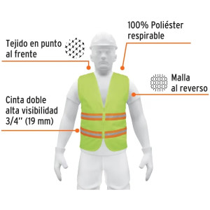 Chaleco de Seguridad Unitalla Verde Cintas Dobles 3/4" con cierre Alta Visibilidad, CHS-600V 13474 Truper