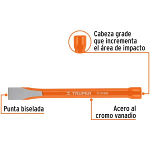 Cincel Plano 8" Cuña 3/4", Acero al cromo Vanadio, Cabeza grande, C-3/4X8 12142 Truper