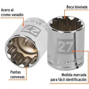 Dados 27mm E1/2 Poligonales CrVanadio, Truper 13541