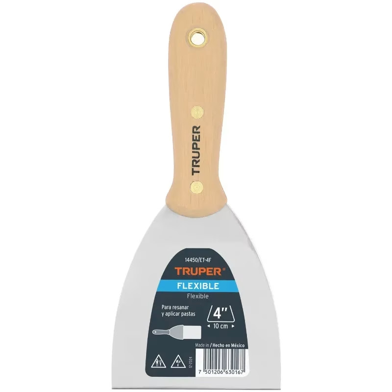 Espatula Flexible 4" Mango de Madera, acero alto carbono, Hoja Desbastada y Templada, ET-4F 14450 Truper