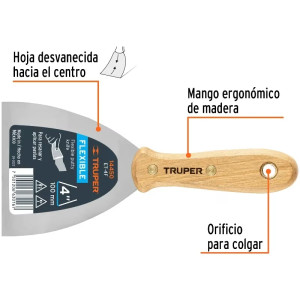 Espatula Flexible 4" Mango de Madera, acero alto carbono, Hoja Desbastada y Templada, ET-4F 14450 Truper