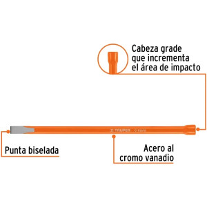 Cincel Plano 12" Cuña 1/2", Acero al cromo Vanadio, Cabeza grande, C-1/2X12 12124 Truper