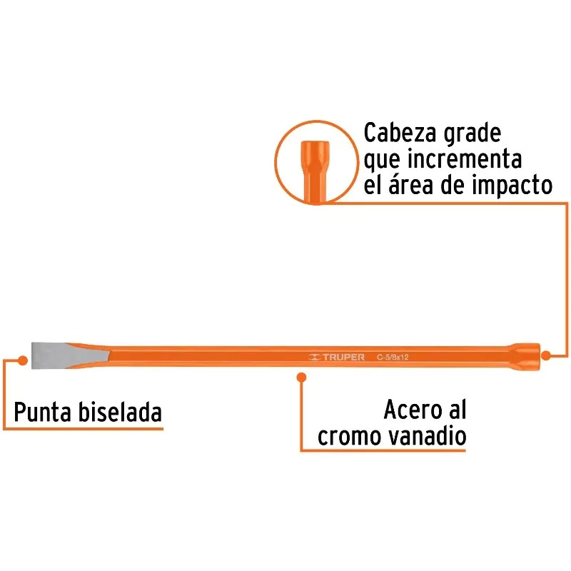 Cincel Plano 12" Cuña 5/8", Acero al cromo Vanadio, Cabeza grande, C-5/8X12 12136 Truper