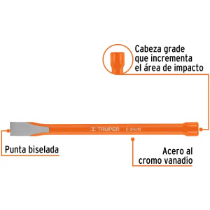 Cincel Plano 10" Cuña 3/4", Acero al cromo Vanadio, Cabeza grande, C-3/4X10 12145 Truper