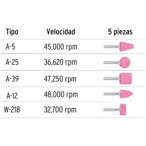 Juego de Piedras 5 Puntas montadas Uso General, Zanco 1/4" Grano 60, Oxido de Aluminio, JPM-5 11680 Truper