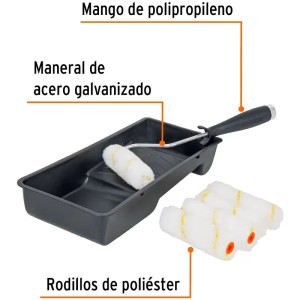 kit para Pintar 7 Piezas, Bandeja 4" 5 Mini Rodillo en Nylon y Maneral, KIT-ROPI-420N 15023 Truper